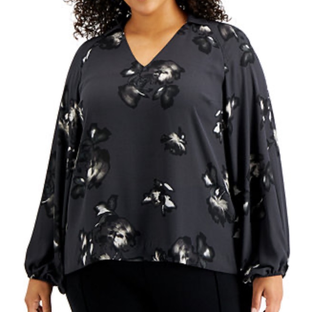 Alfani Black Floral Print Balloon Long Sleeve Blouse Womens Size 3X